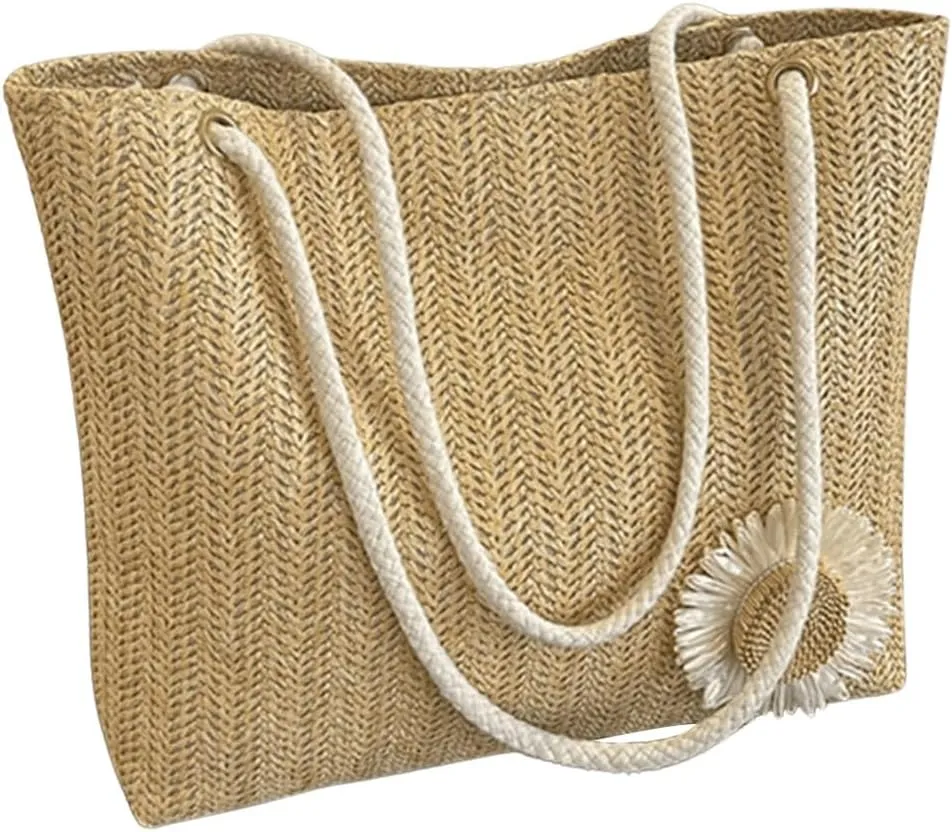 OYOANGLE Women's Flower Decor Straw Shoulder Handbag Large Capacity Tote Bag Vacation Beach Bags