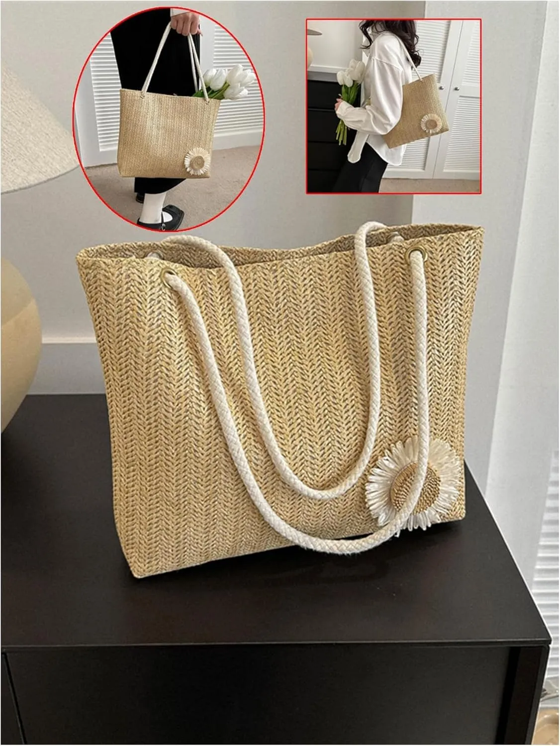 OYOANGLE Women's Flower Decor Straw Shoulder Handbag Large Capacity Tote Bag Vacation Beach Bags