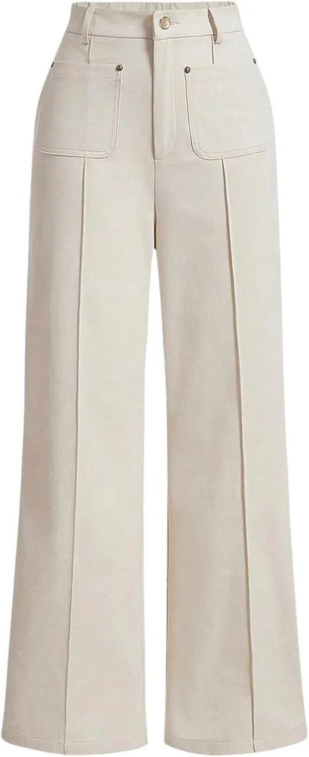 OYOANGLE Women's Straight Leg Pants Elastic High Waist Casual Trousers Work Office Elegant Long Pants