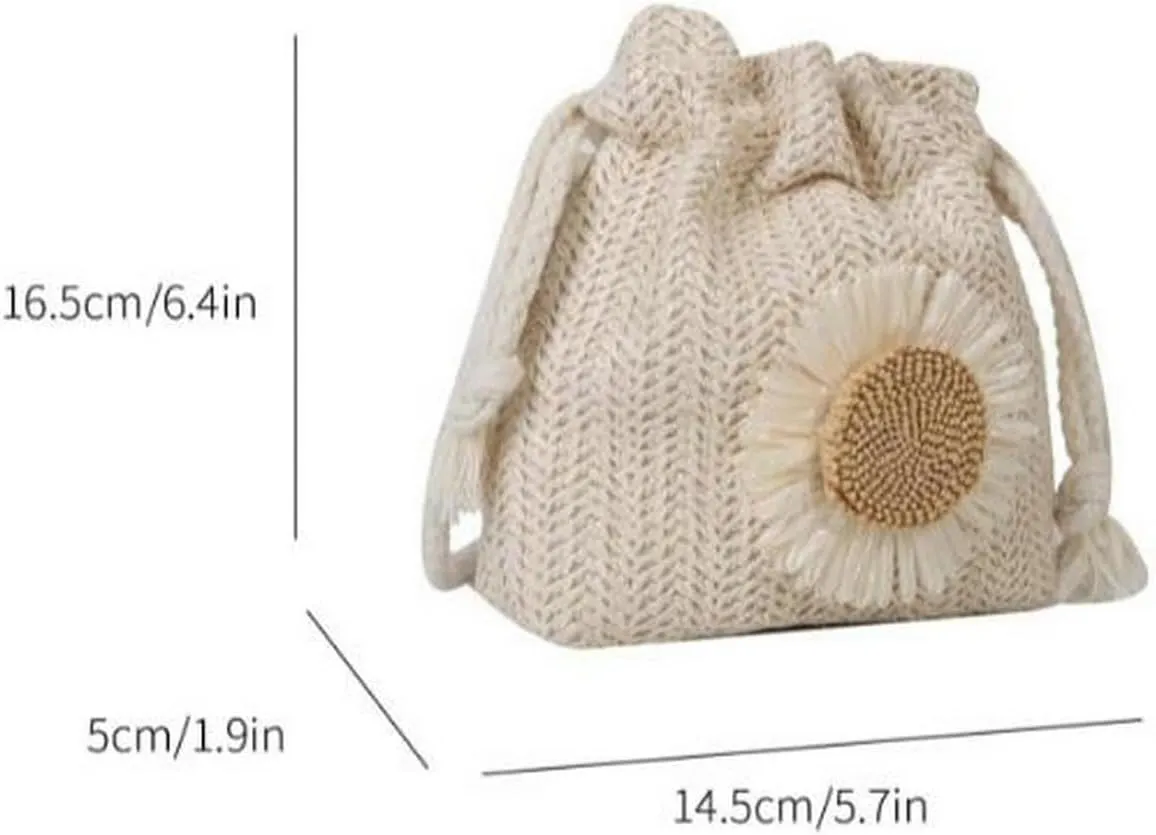OYOANGLE Women's Straw Crossbody Bag Flower Decor Drawstring Bucket Handbag Vacation Mini Purse