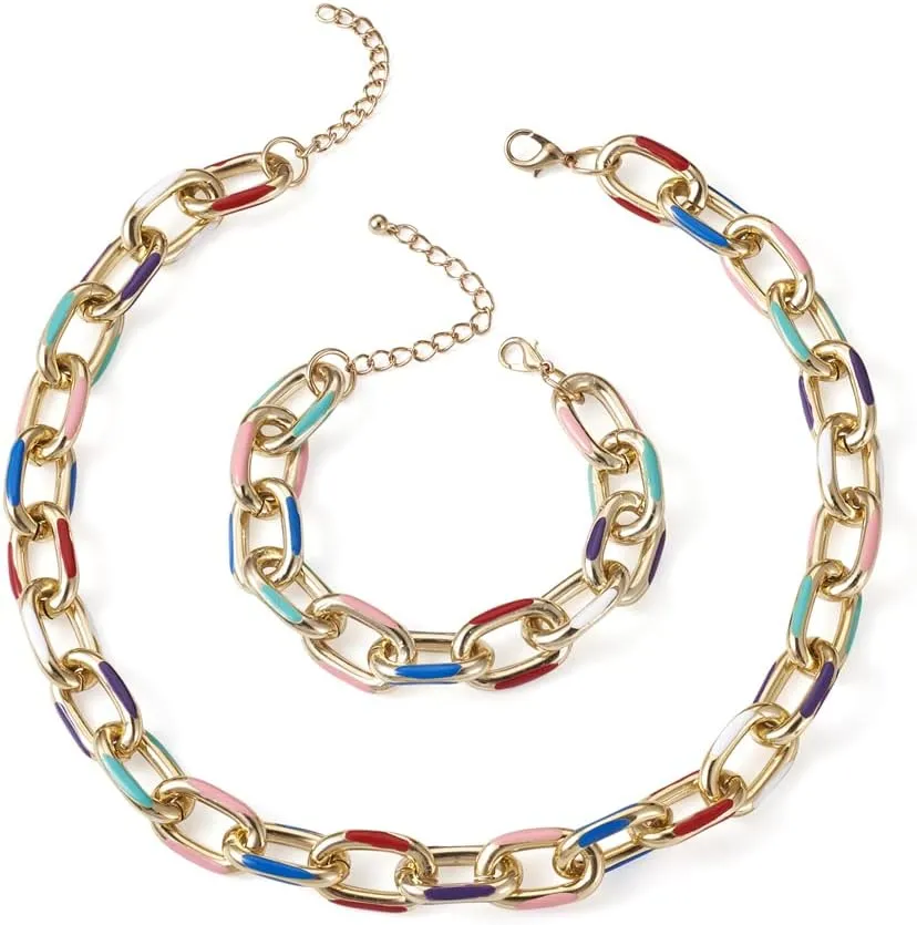 Pandahall 1 Set Aluminum Enamel Cable Chain Necklaces & Bracelets 42 & 19cm Colorful Golden Cuban Chains Jewelry Set with Chain Extender for Women