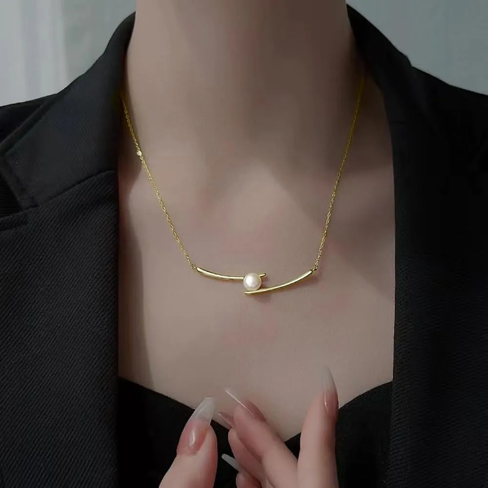 Pearl Clavicle Necklace for Women, Gold Silver Double Bar Pearl Pendant Necklace Charm Temperament Jewelry