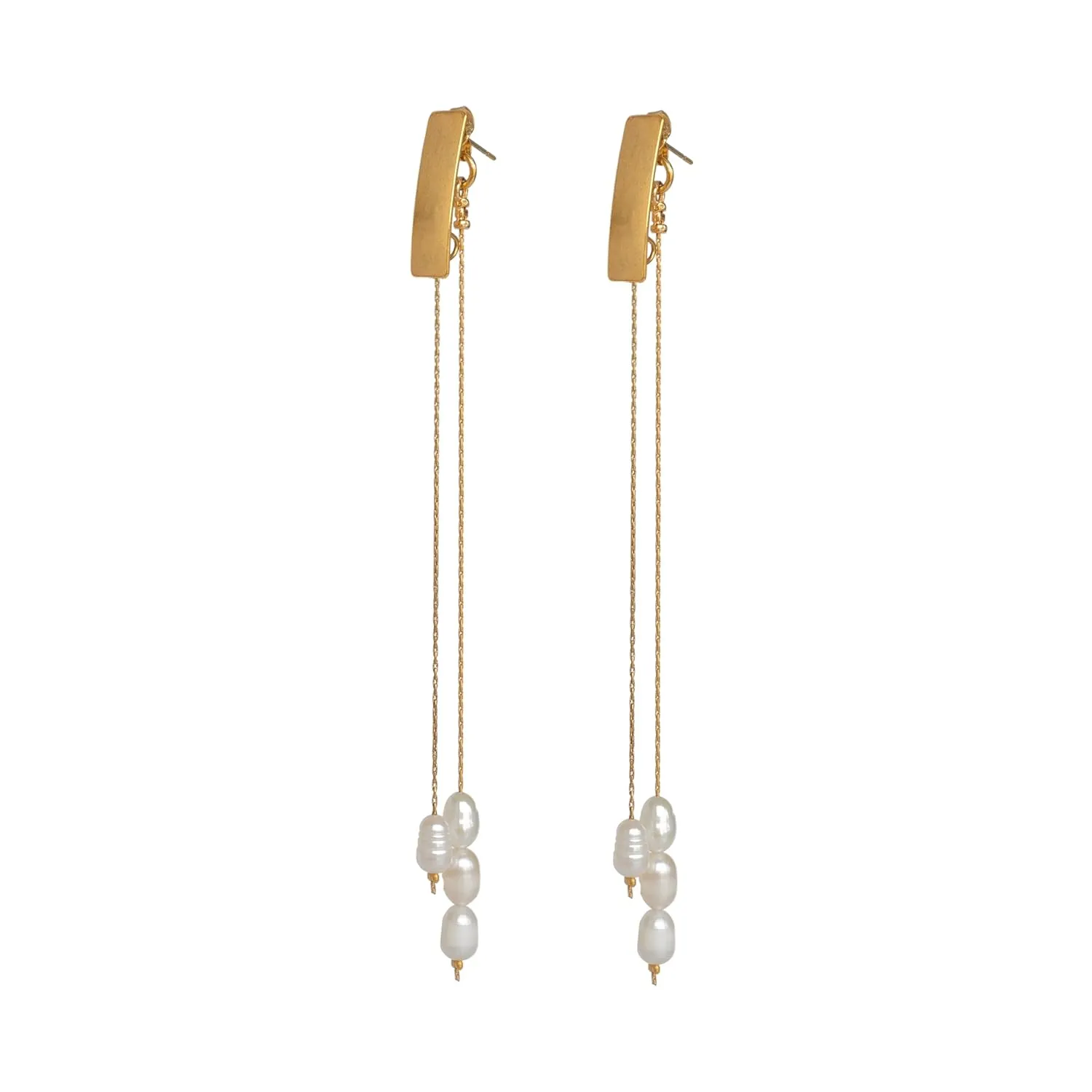 Pearl Drop Earrings, Extra Long Lightweight Gold Plated Chain Stud Earrings, Bold Statement Linear Dangling Bridal Earrings, Unique Handmade Fashion Jewelry by Magoo