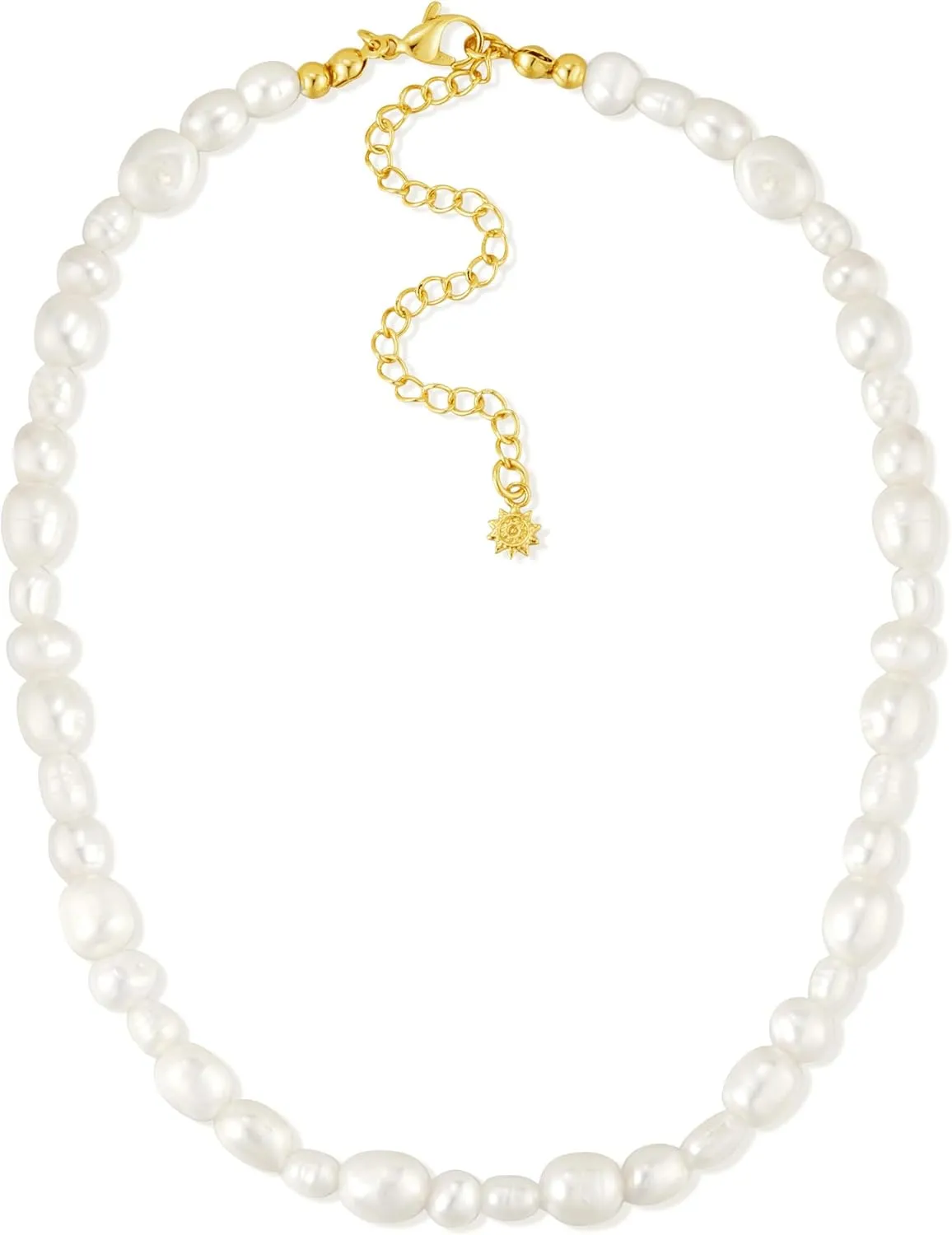 Pearl Necklace 18K Gold Plated 16" Anti-tarnish | Freshwater Pearl Necklace Choker Gold Pearl Choker Necklaces for Women Summer Necklace Beach Necklace