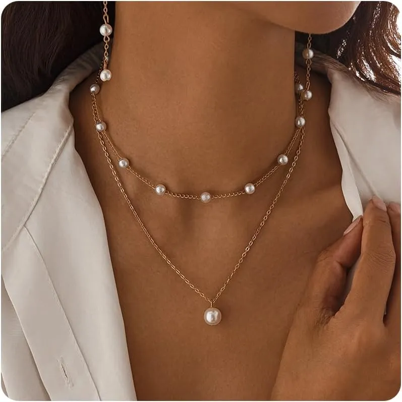 Pearl Necklaces for Women 14k Gold Plated Layered Pearl Necklaces Dainty Pearl Pendant Necklace Freshwater Pearls Choker Necklace Wedding Pearl Necklaces Pearl Jewelry Gifts
