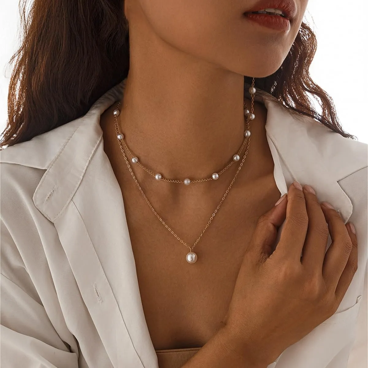 Pearl Necklaces for Women 14k Gold Plated Layered Pearl Necklaces Dainty Pearl Pendant Necklace Freshwater Pearls Choker Necklace Wedding Pearl Necklaces Pearl Jewelry Gifts