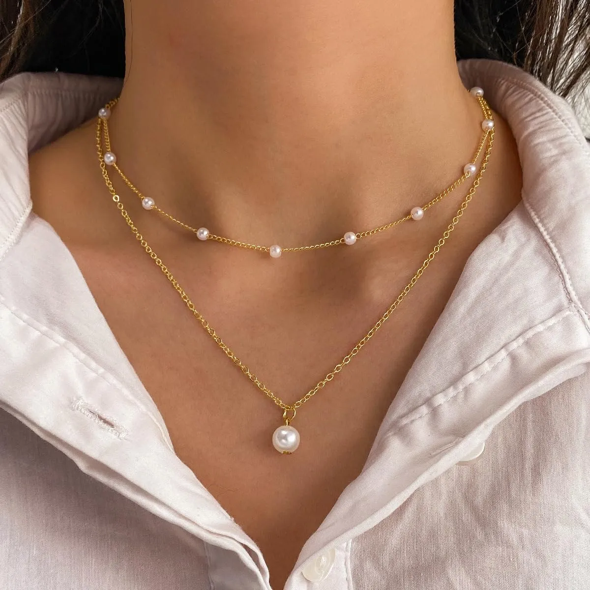 Pearl Necklaces for Women 14k Gold Plated Layered Pearl Necklaces Dainty Pearl Pendant Necklace Freshwater Pearls Choker Necklace Wedding Pearl Necklaces Pearl Jewelry Gifts