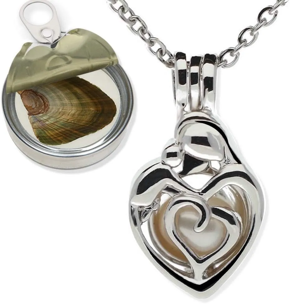 Pearlina Mother Mom Family Necklace Silver-tone Cage Cultured Pearl in Oyster Set w/Stainless Steel Chain 18"