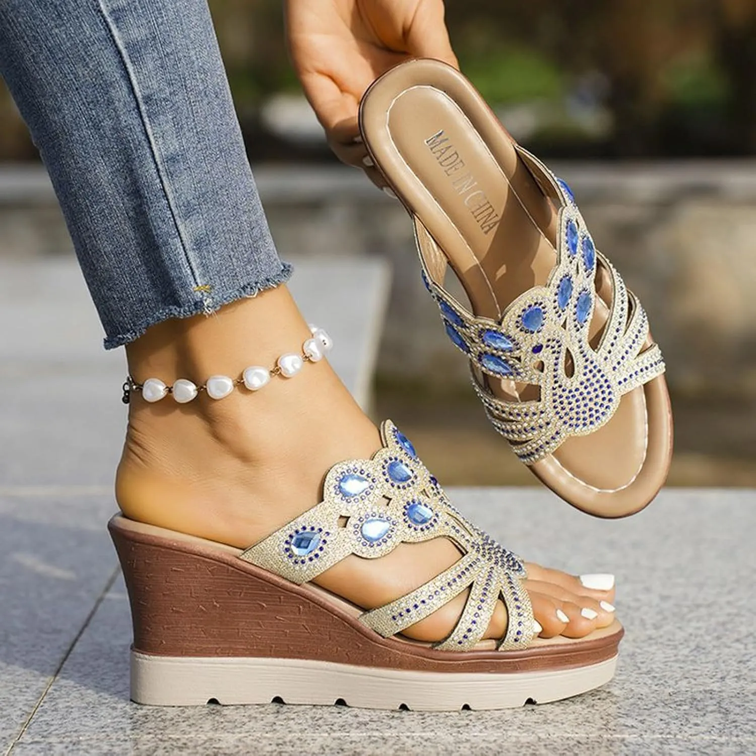 peqiut Women's Sandal Dressy Summer Wedge Orthopedic Sandals for Women Comfortable Jeweled Boho Sandals Casual Slides