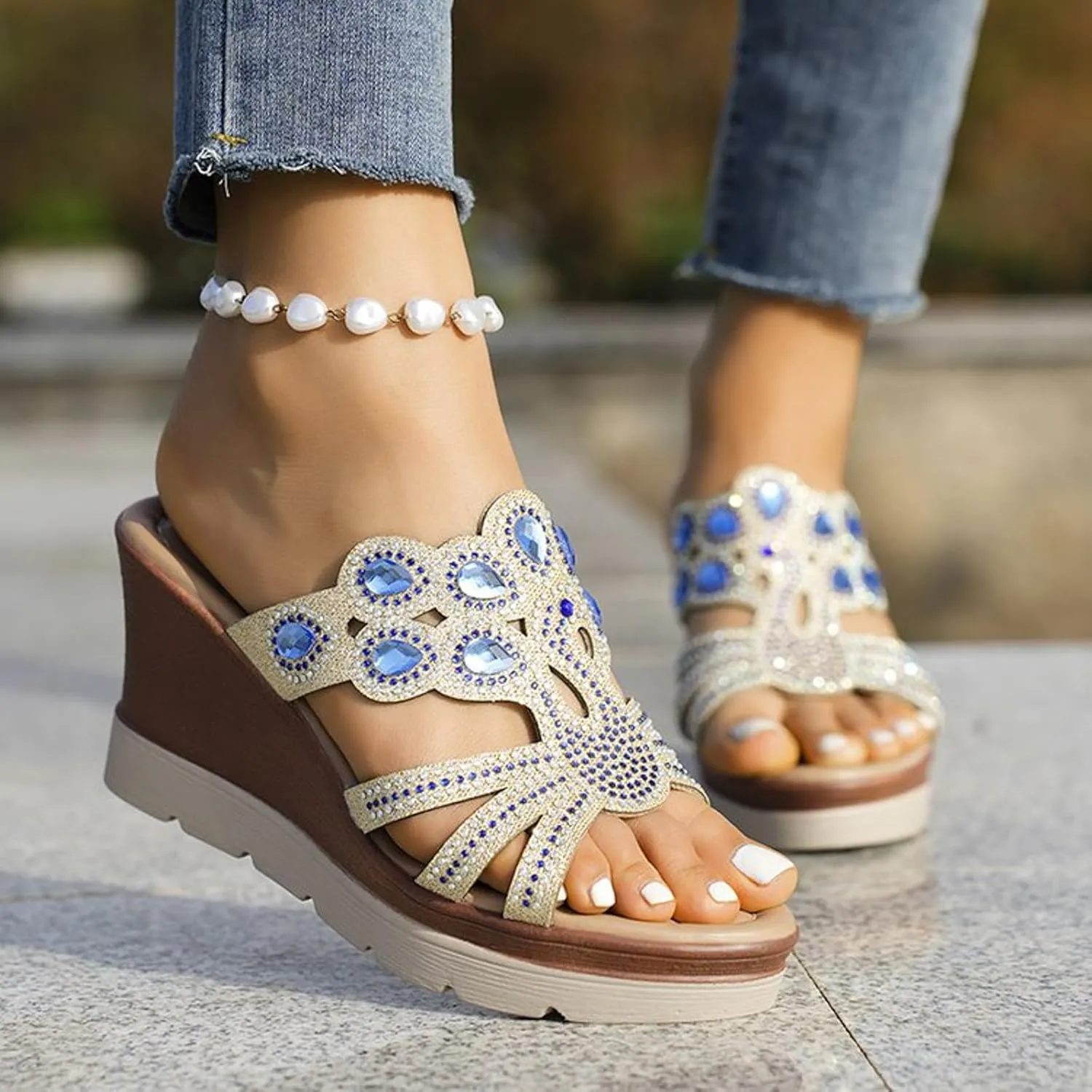peqiut Women's Sandal Dressy Summer Wedge Orthopedic Sandals for Women Comfortable Jeweled Boho Sandals Casual Slides