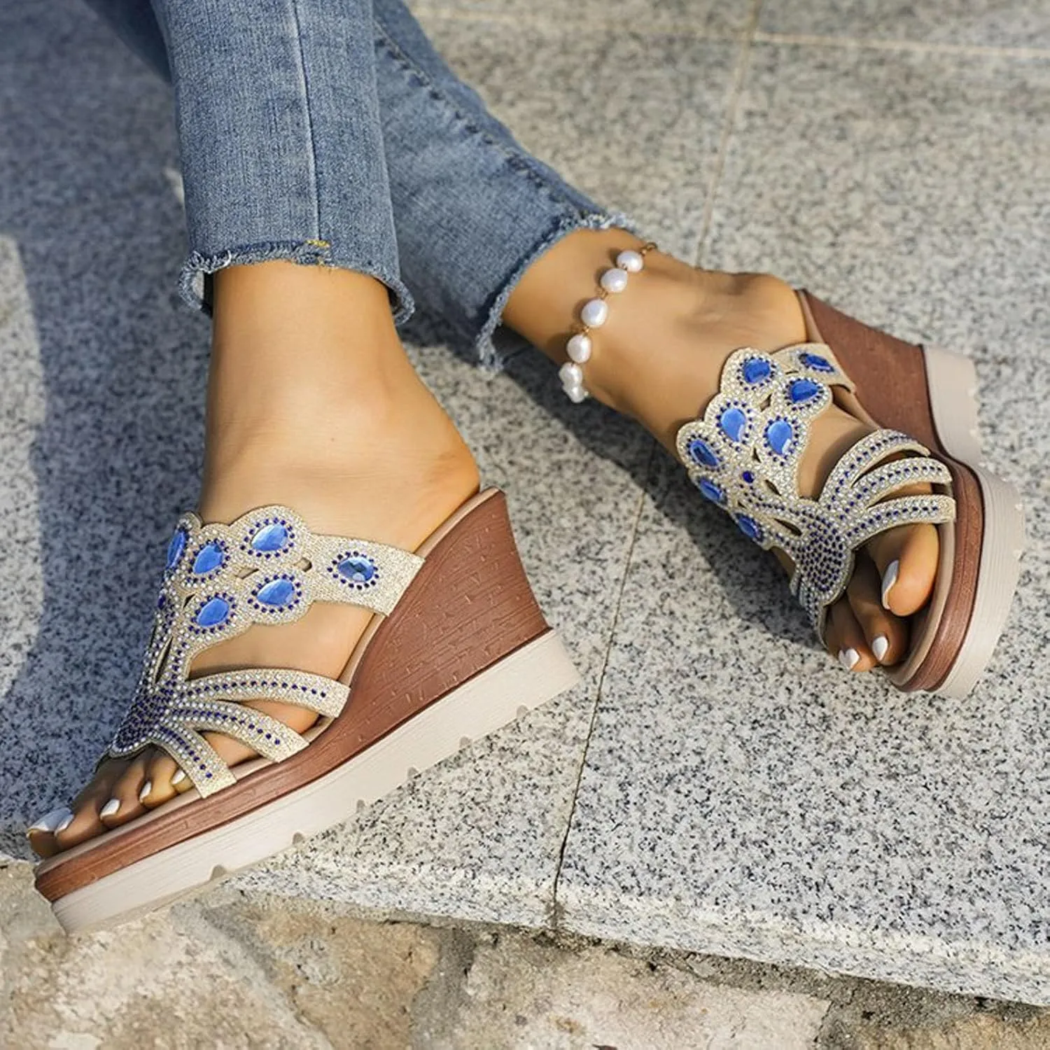 peqiut Women's Sandal Dressy Summer Wedge Orthopedic Sandals for Women Comfortable Jeweled Boho Sandals Casual Slides