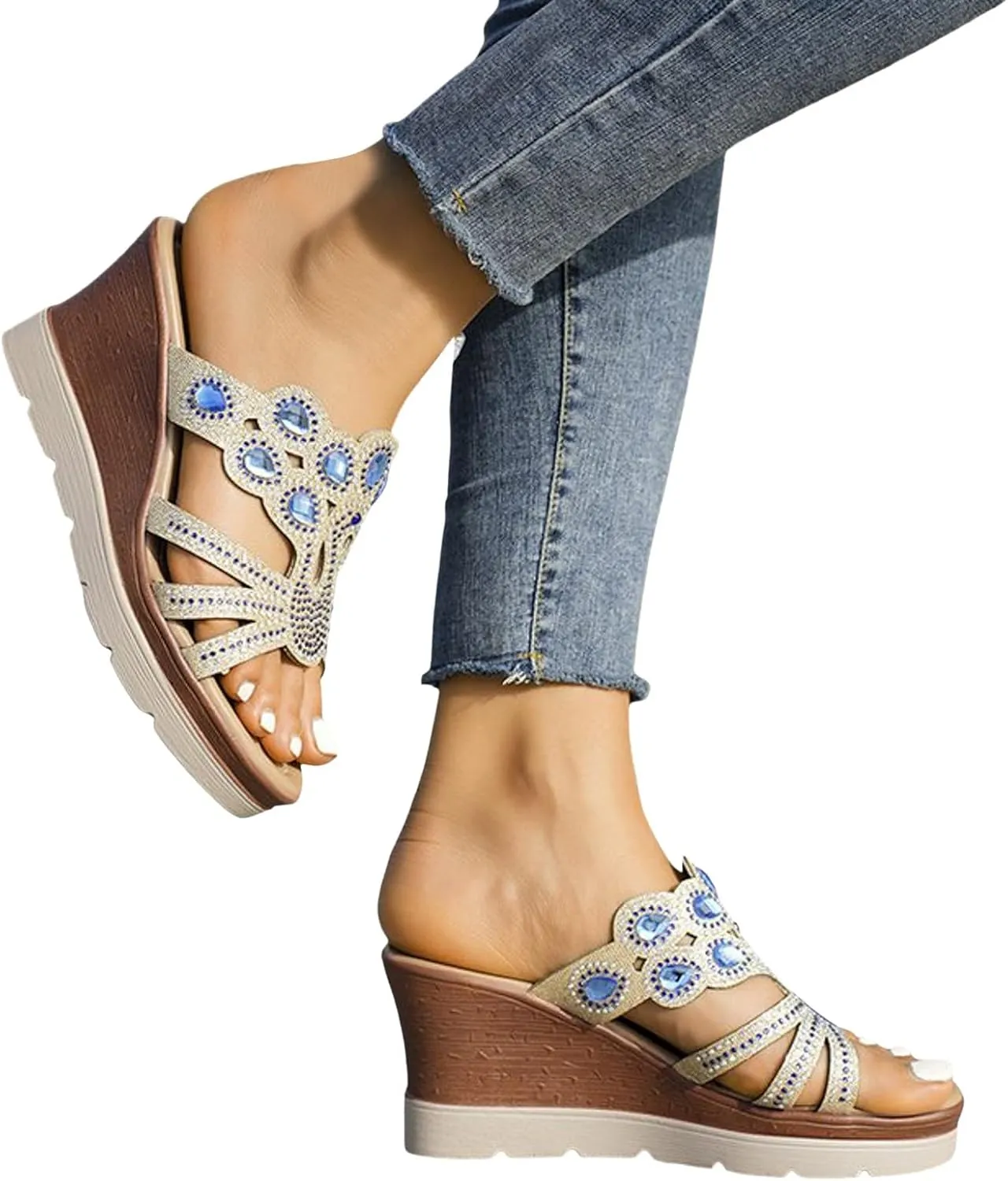 peqiut Women's Sandal Dressy Summer Wedge Orthopedic Sandals for Women Comfortable Jeweled Boho Sandals Casual Slides
