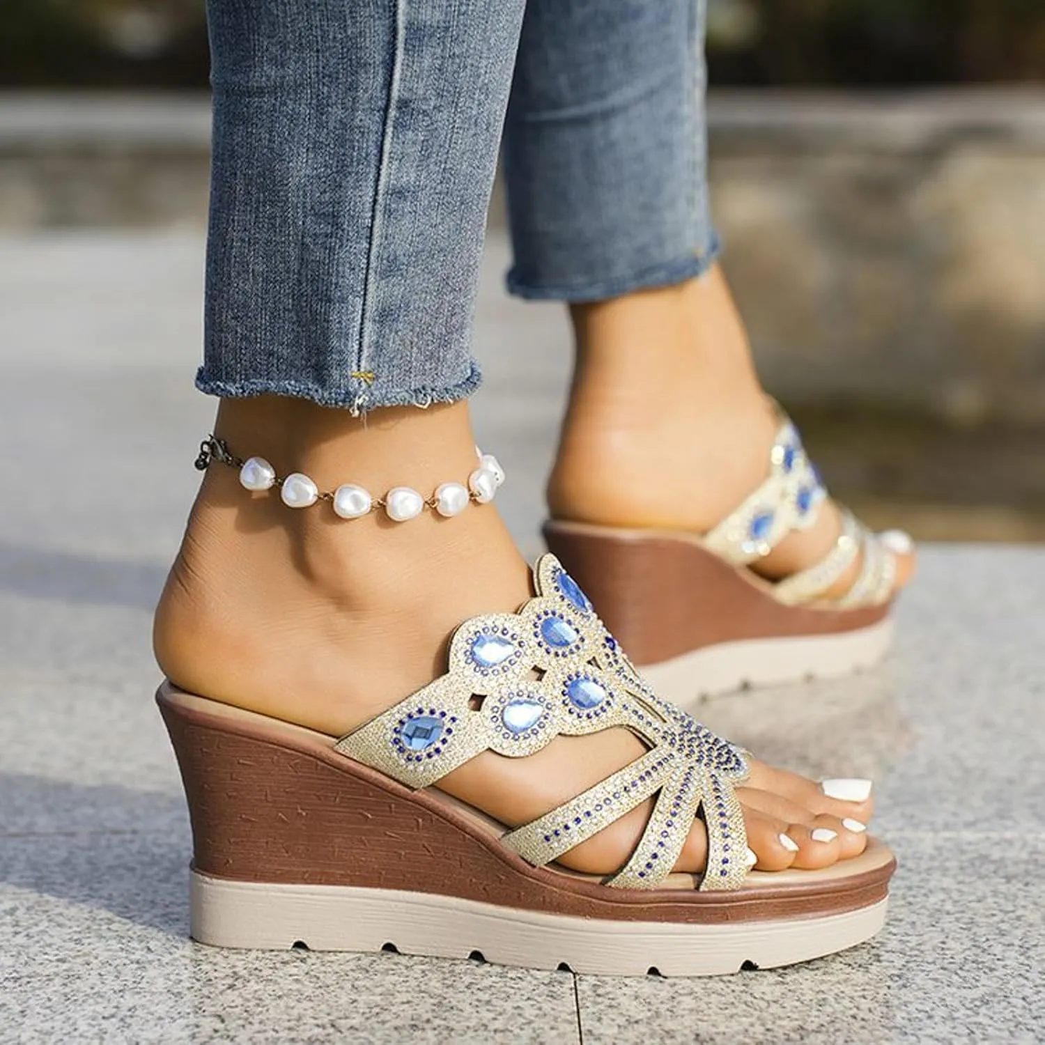 peqiut Women's Sandal Dressy Summer Wedge Orthopedic Sandals for Women Comfortable Jeweled Boho Sandals Casual Slides