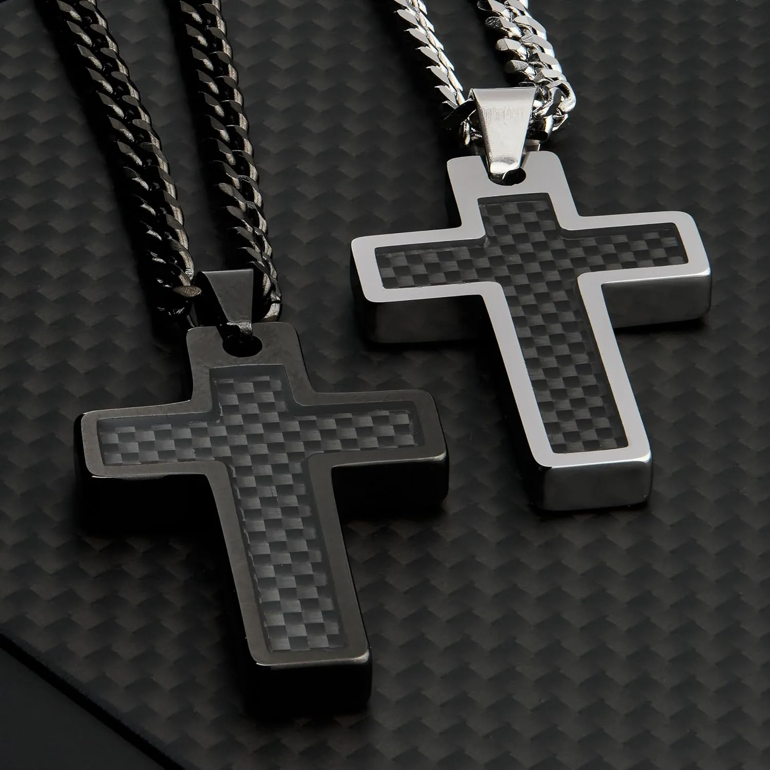 Personalized Tungsten Cross Gold Plated, Black Plated or Polished with Different Inlays and Stainless Steel Cuban necklace 16" to 28" in length