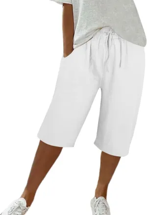 Petite Linen Pants for Women, Linen Cotton Dresses for Women, Pantalones De Playa Mujer, Cropped High Waisted Elastic Waist Trousers Loose Summer Lounge Trousers White 3X-Large
