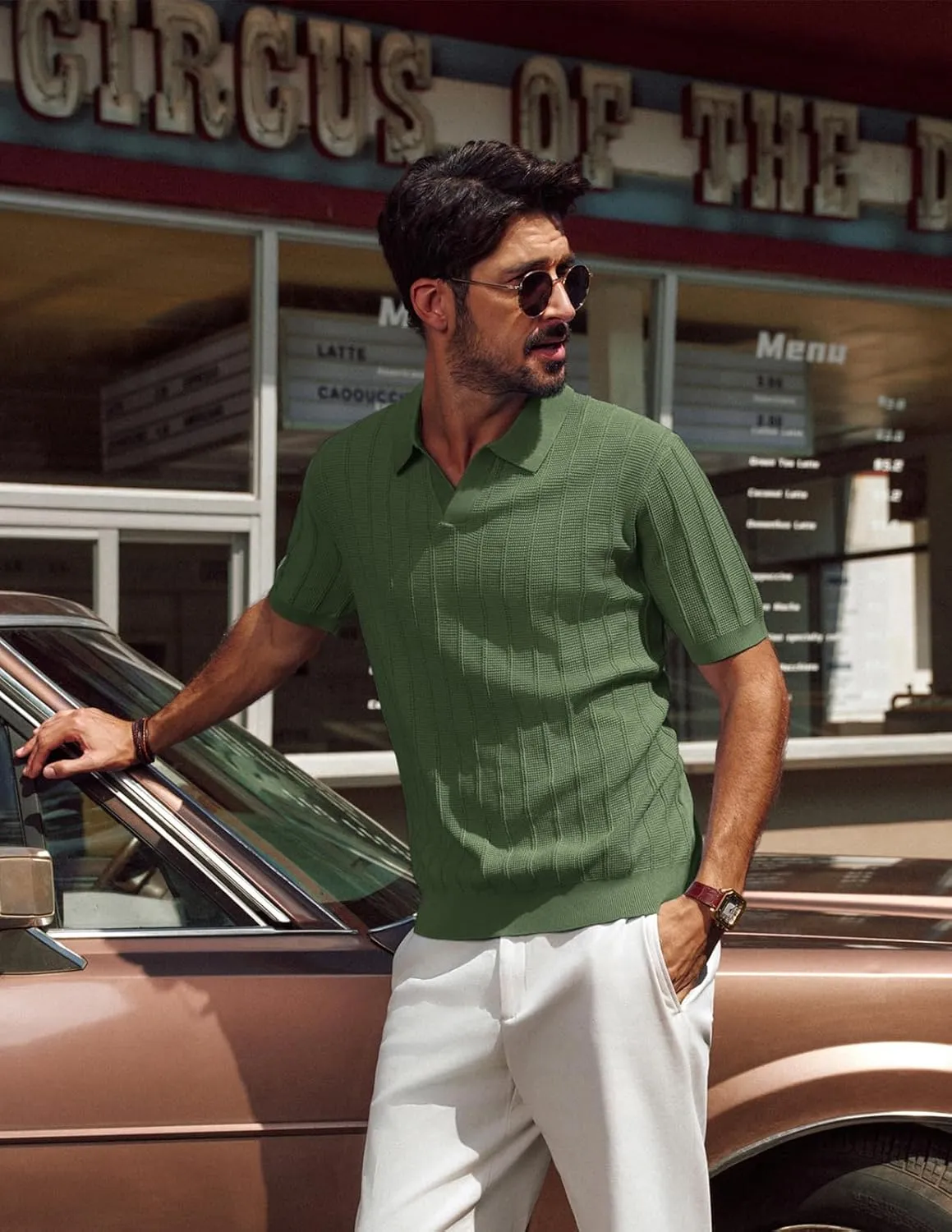 PJ PAUL JONES Mens Polo Shirts V-Neck Knit Polo Textured Summer Shirts