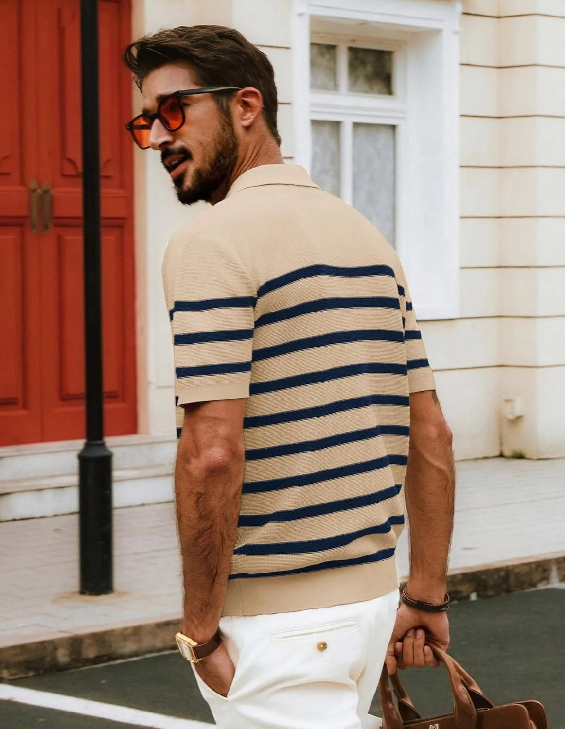PJ PAUL JONES Mens Polo Shirts V-Neck Knit Polo Textured Summer Shirts