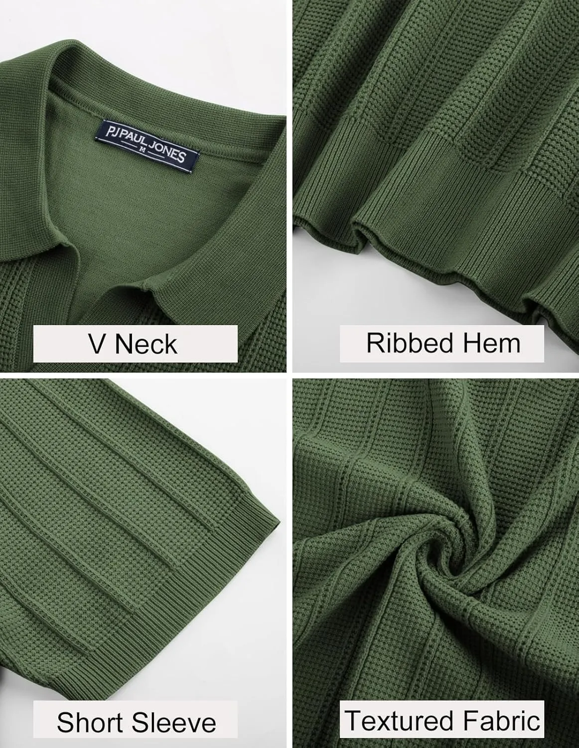 PJ PAUL JONES Mens Polo Shirts V-Neck Knit Polo Textured Summer Shirts