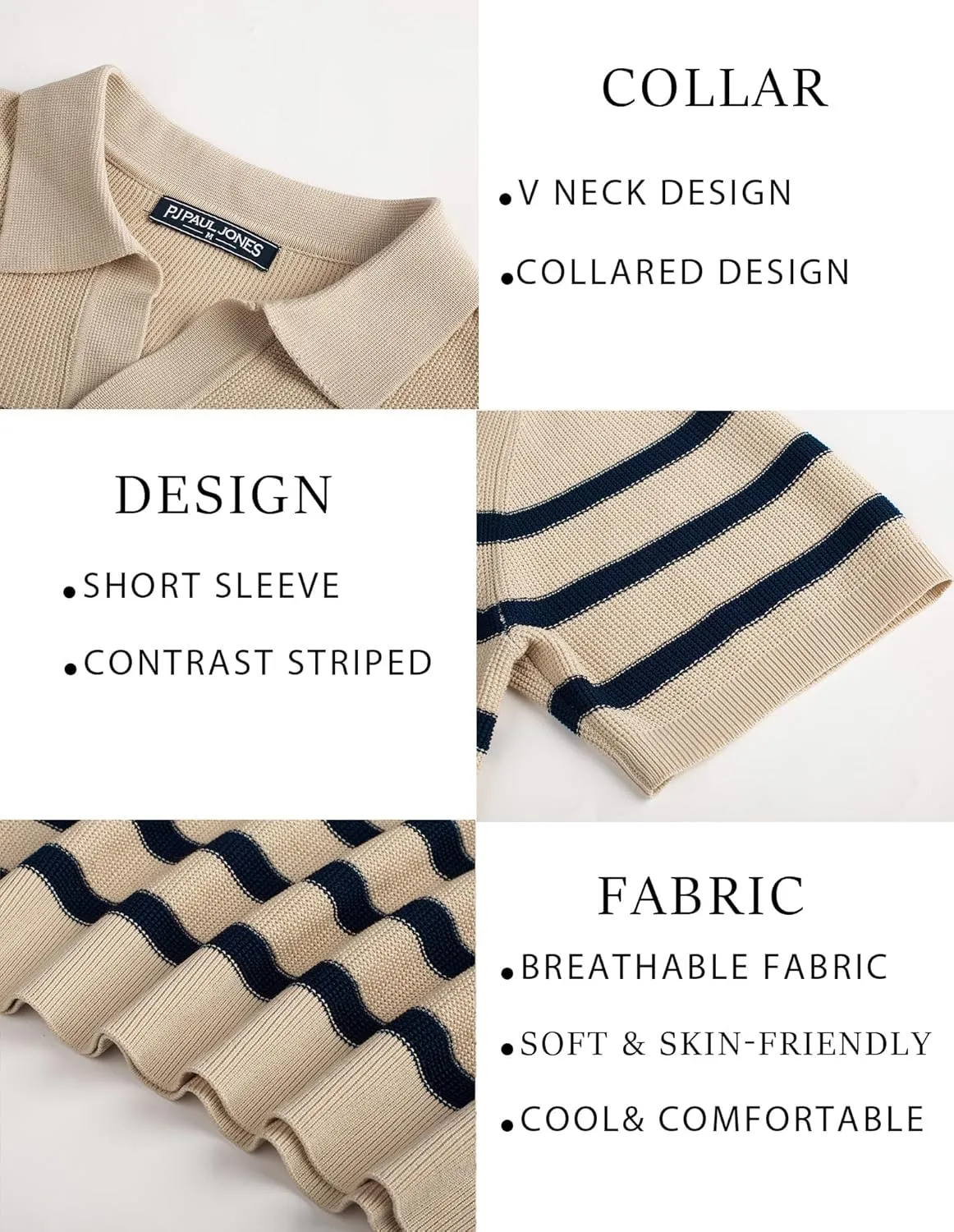PJ PAUL JONES Mens Polo Shirts V-Neck Knit Polo Textured Summer Shirts