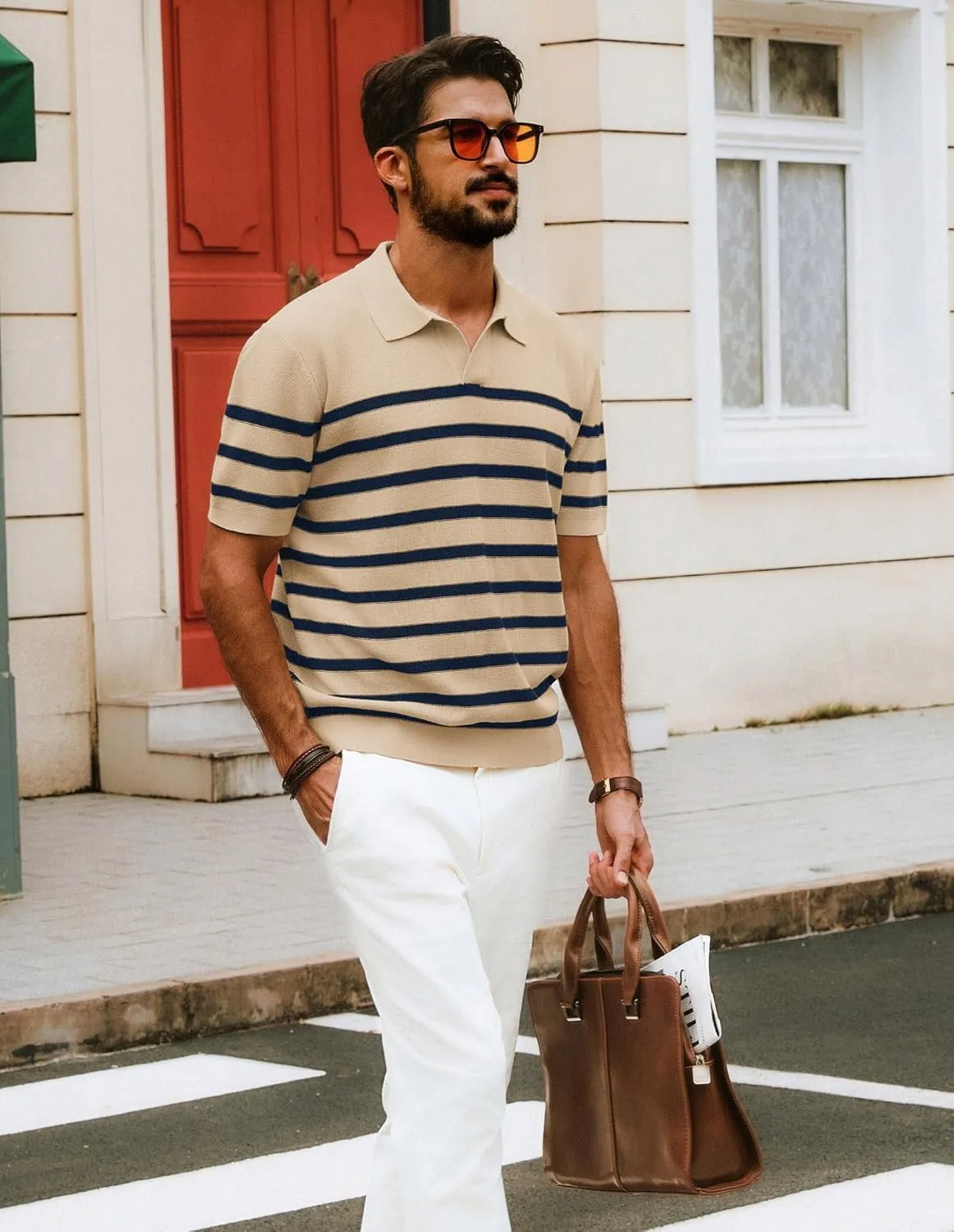 PJ PAUL JONES Mens Polo Shirts V-Neck Knit Polo Textured Summer Shirts