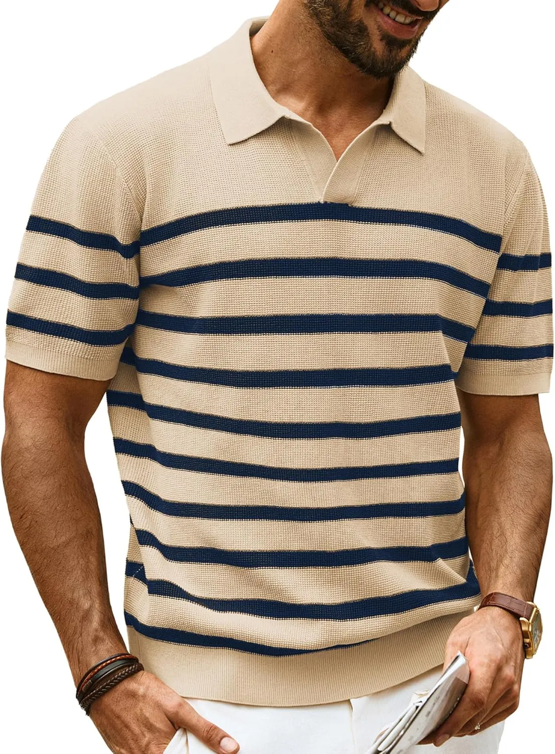 PJ PAUL JONES Mens Polo Shirts V-Neck Knit Polo Textured Summer Shirts