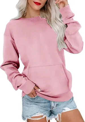 Plain Crewneck Sweatshirts Women Lightweight Fleece Oversized Sweatshirt Pullover Long Sleeve Tops Kangaroo Pocket