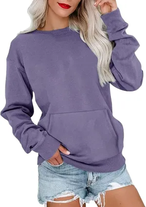Plain Crewneck Sweatshirts Women Lightweight Fleece Oversized Sweatshirt Pullover Long Sleeve Tops Kangaroo Pocket