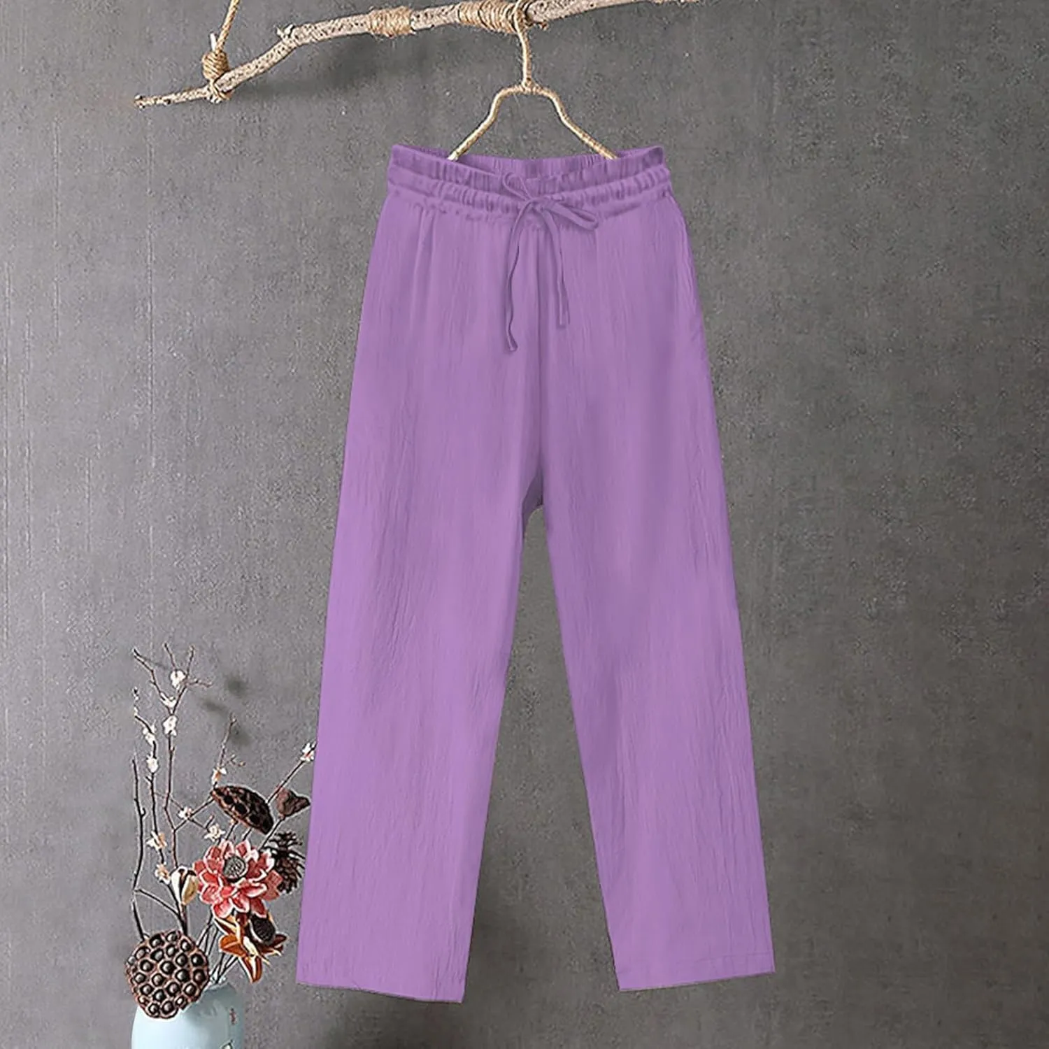 Plus Size Wide Leg Linen Pants Women Summer Capri Palazzo Flowy Pants Casual Loose Solid Color High Waist Trousers