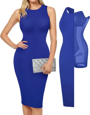 Popilush Midi Dresses for Women - Summer Bodycon Shapewear Sleeveless Crew Neck Dress Causal Party Club Outfits