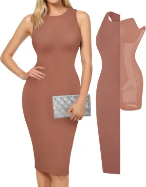 Popilush Midi Dresses for Women - Summer Bodycon Shapewear Sleeveless Crew Neck Dress Causal Party Club Outfits
