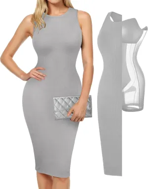 Popilush Midi Dresses for Women - Summer Bodycon Shapewear Sleeveless Crew Neck Dress Causal Party Club Outfits