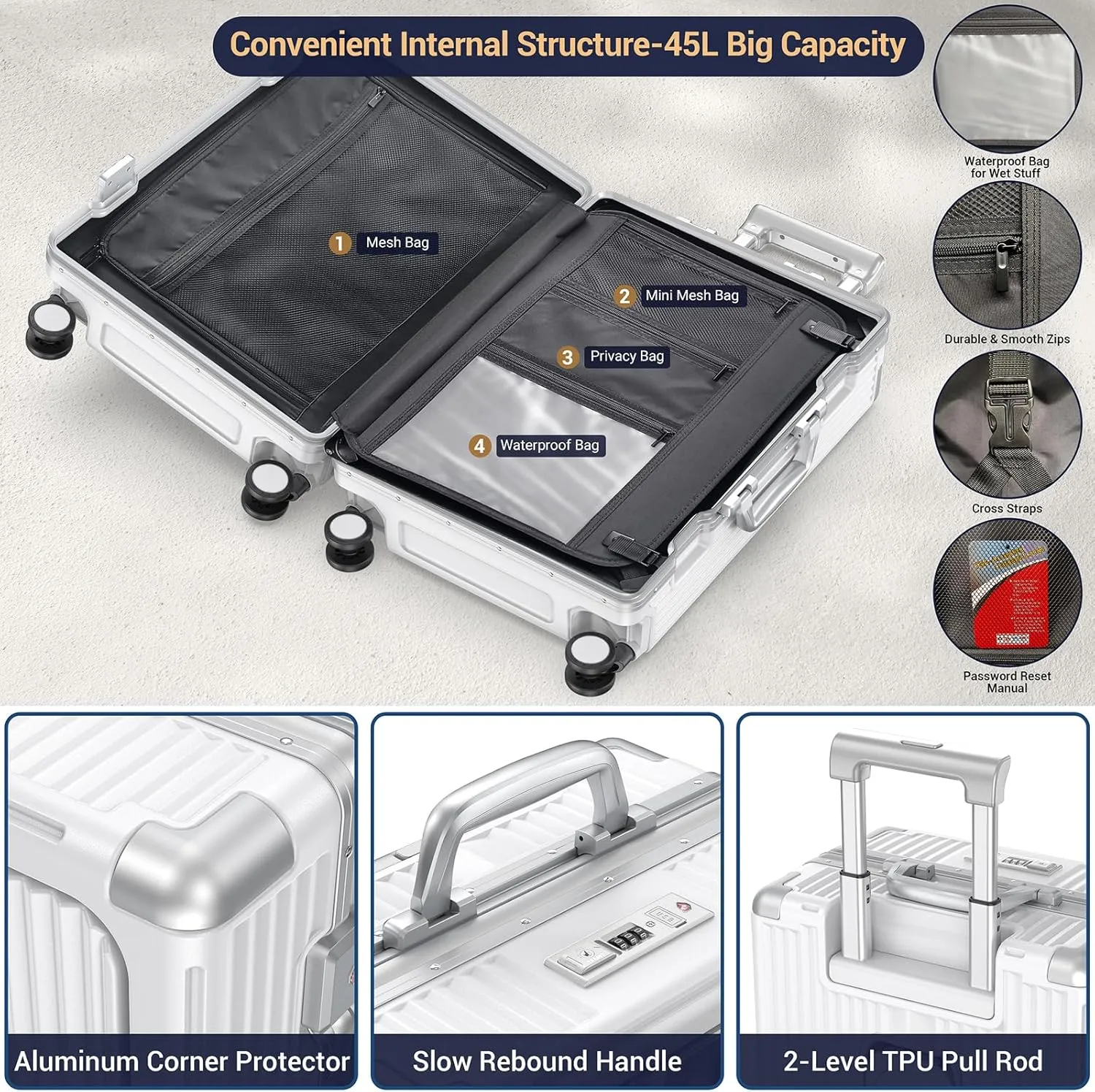 Portable Carry on Luggage Airline Approved, Expandable Luggage with Cup Holder for Trips, Practical Suitcase with Front Pocket  USB Port.(WHITE-01)