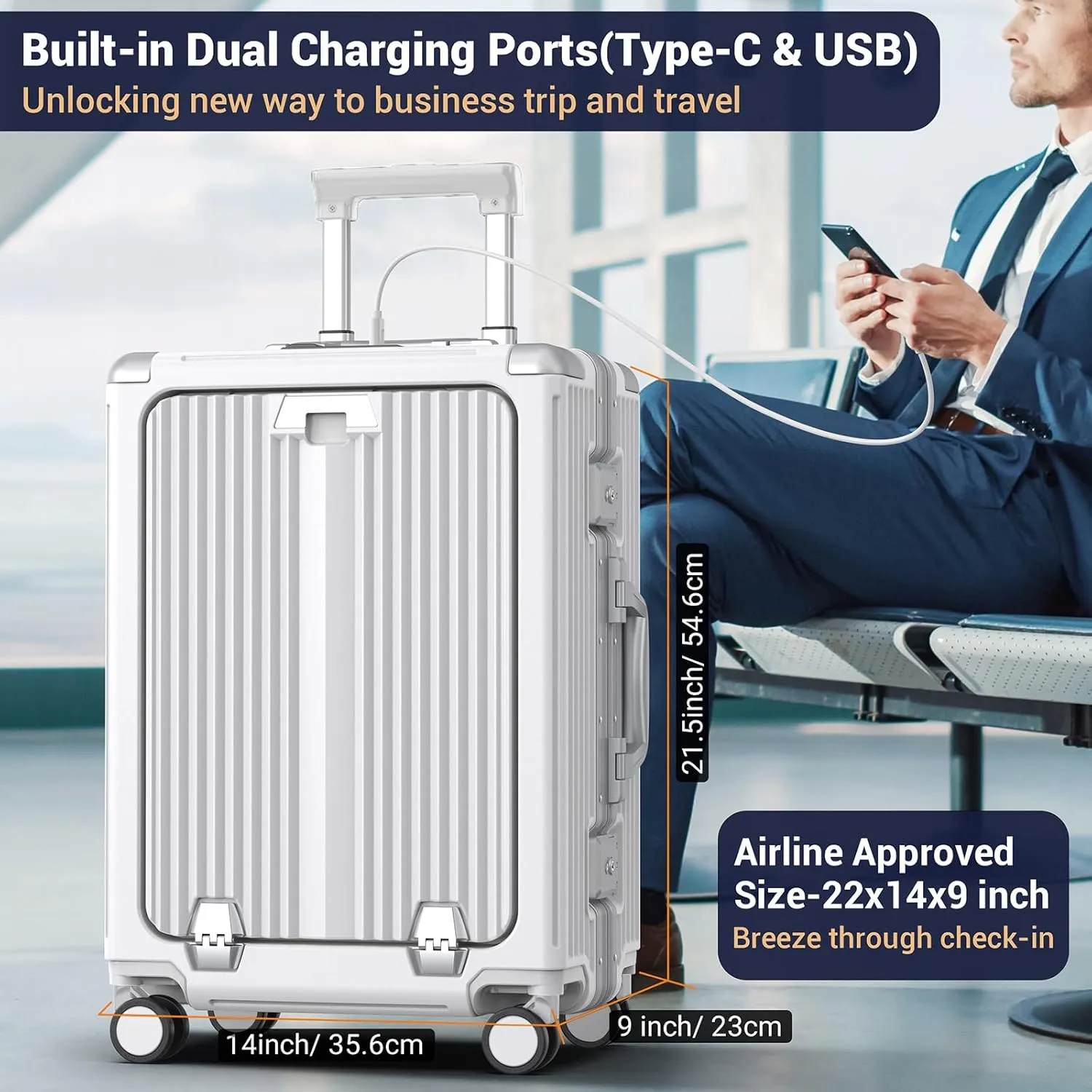 Portable Carry on Luggage Airline Approved, Expandable Luggage with Cup Holder for Trips, Practical Suitcase with Front Pocket  USB Port.(WHITE-01)