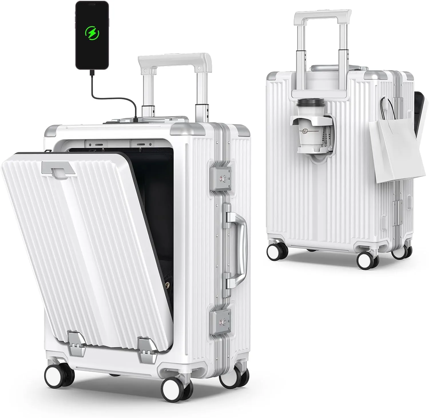 Portable Carry on Luggage Airline Approved, Expandable Luggage with Cup Holder for Trips, Practical Suitcase with Front Pocket  USB Port.(WHITE-01)
