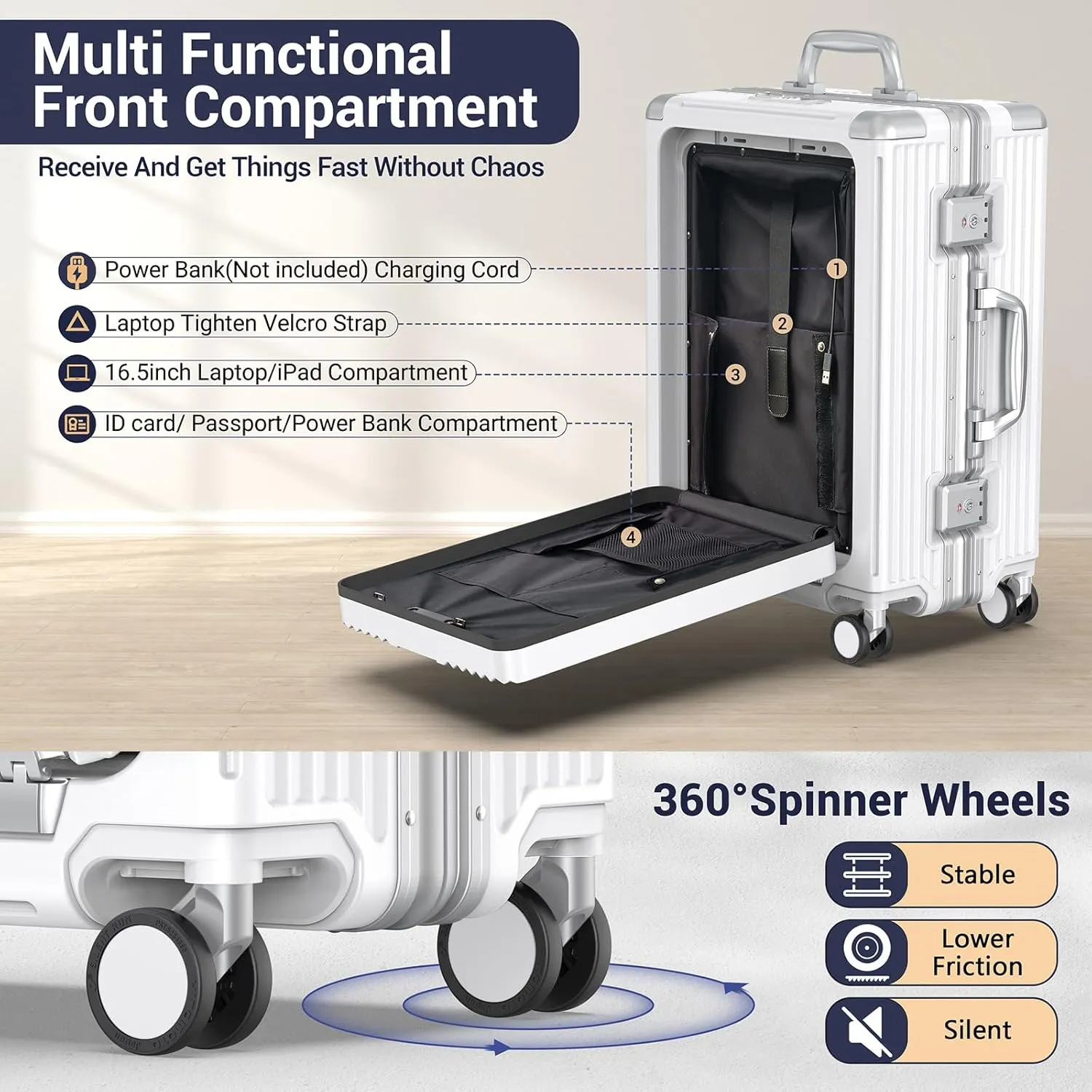 Portable Carry on Luggage Airline Approved, Expandable Luggage with Cup Holder for Trips, Practical Suitcase with Front Pocket  USB Port.(WHITE-01)