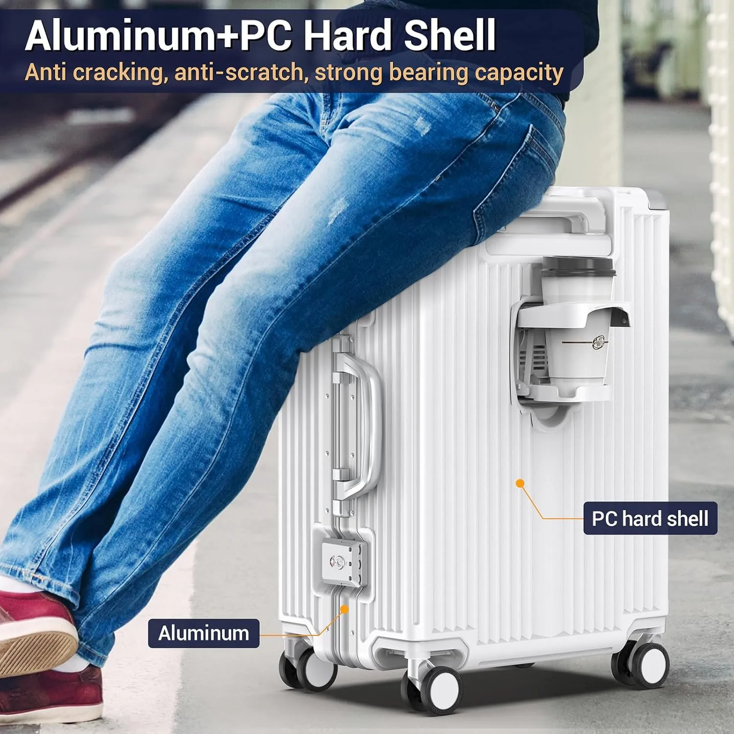 Portable Carry on Luggage Airline Approved, Expandable Luggage with Cup Holder for Trips, Practical Suitcase with Front Pocket  USB Port.(WHITE-01)