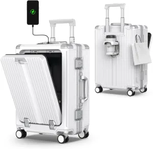 Portable Carry on Luggage Airline Approved, Expandable Luggage with Cup Holder for Trips, Practical Suitcase with Front Pocket  USB Port.(WHITE-01)