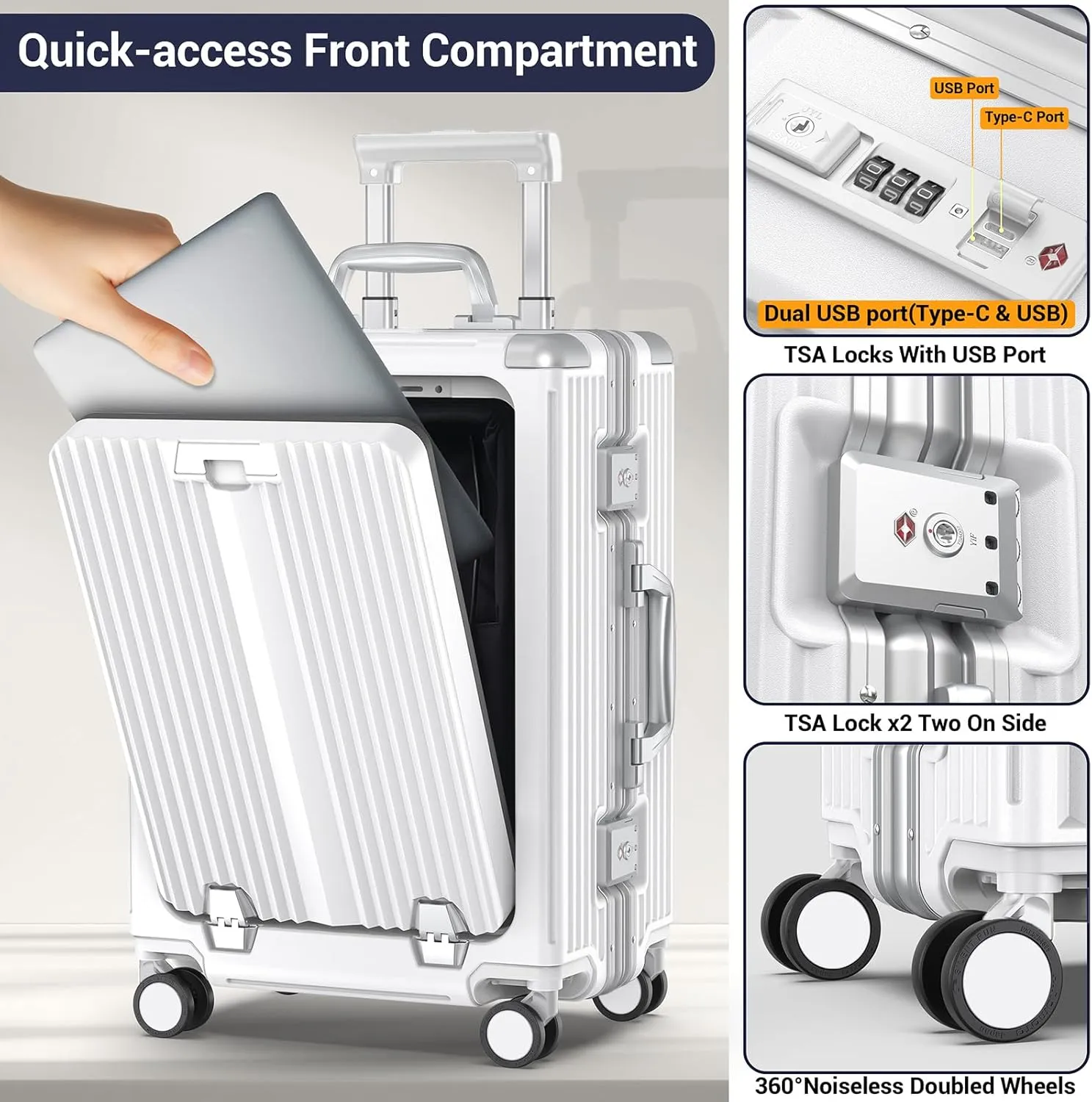 Portable Carry on Luggage Airline Approved, Expandable Luggage with Cup Holder for Trips, Practical Suitcase with Front Pocket  USB Port.(WHITE-01)