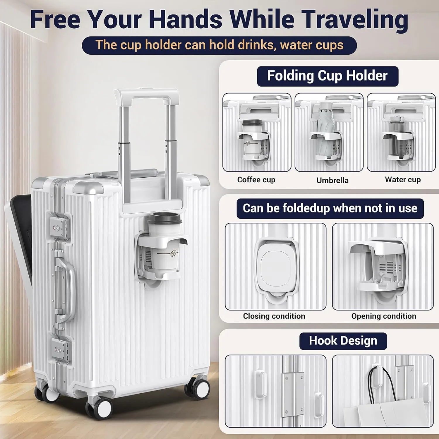 Portable Carry on Luggage Airline Approved, Expandable Luggage with Cup Holder for Trips, Practical Suitcase with Front Pocket  USB Port.(WHITE-01)