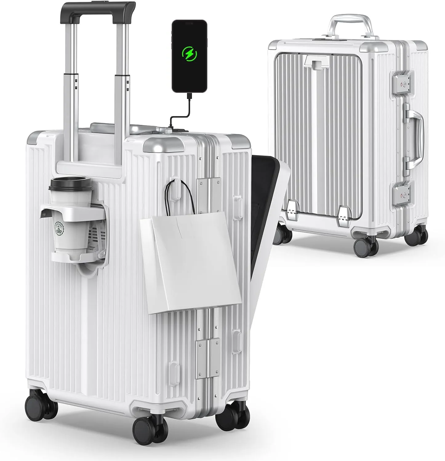 Portable Carry on Luggage with Cup Holder & USB Port & Front Opening Door, Cover TSA Lock Protect Your Luggage, A Practical Suitcase with Front Open Compartment. (white)