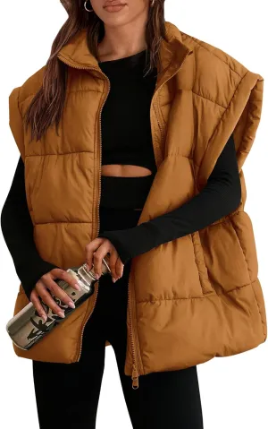 PRETTYGARDEN Women's Puffer Vest Fall Casual Stand Collar Lightweight Sleeveless Zip Up Padded Jackets Outerwear