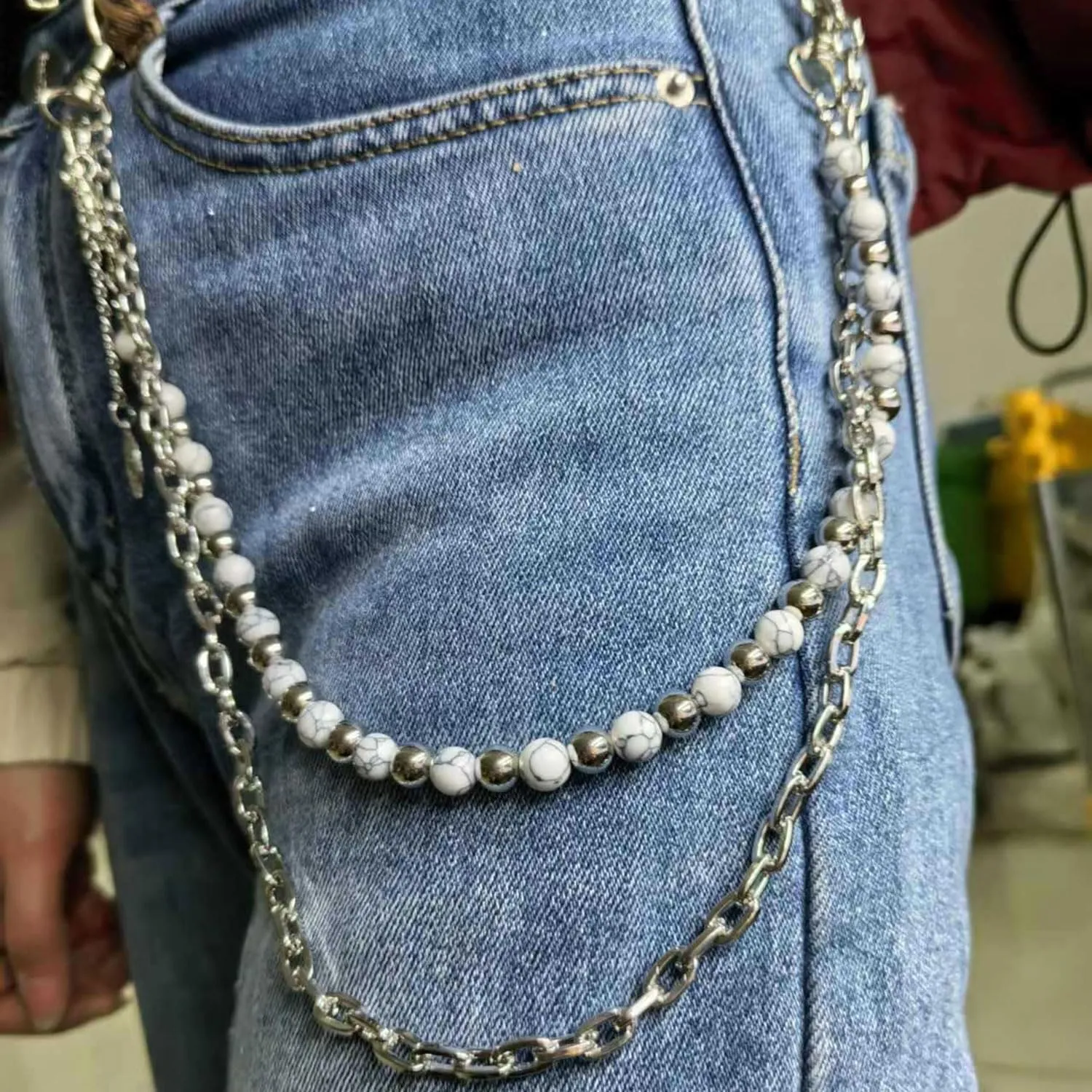 Punk Layered Pants Chain for Men Layered Silver Coin Beaded Wallet Chain Goth Hip Hop Jean Pocket Chains Punk Wallet Pocket Accessories for Women and Men