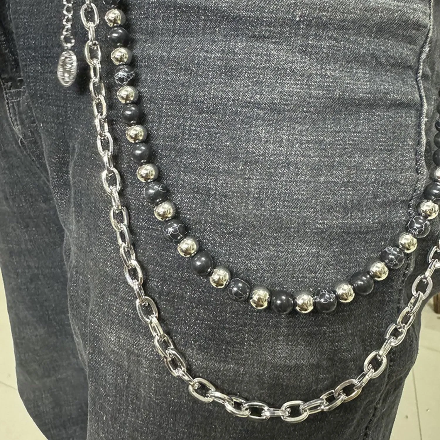 Punk Layered Pants Chain for Men Layered Silver Coin Beaded Wallet Chain Goth Hip Hop Jean Pocket Chains Punk Wallet Pocket Accessories for Women and Men