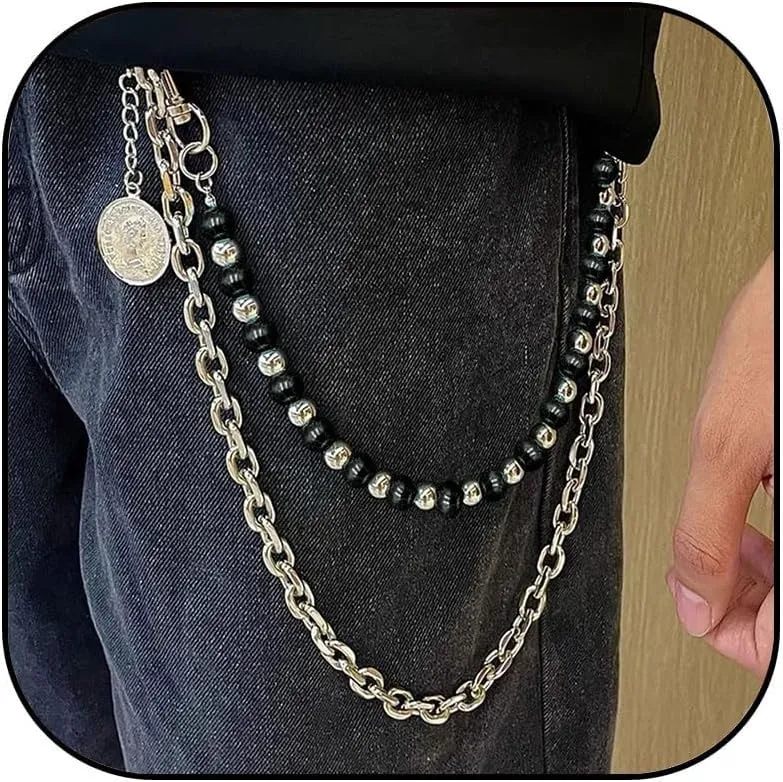 Punk Layered Pants Chain for Men Layered Silver Coin Beaded Wallet Chain Goth Hip Hop Jean Pocket Chains Punk Wallet Pocket Accessories for Women and Men