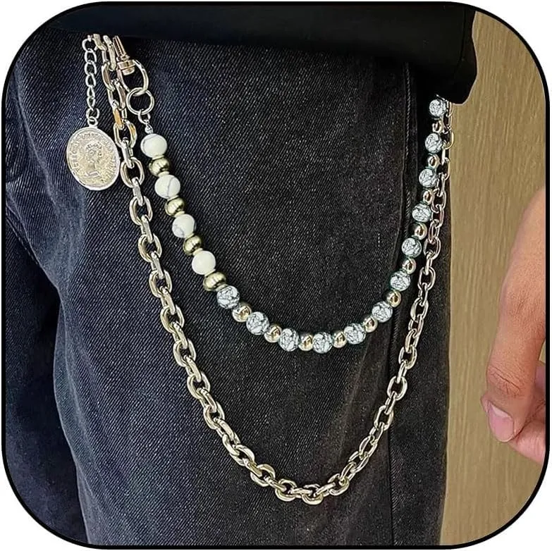 Punk Layered Pants Chain for Men Layered Silver Coin Beaded Wallet Chain Goth Hip Hop Jean Pocket Chains Punk Wallet Pocket Accessories for Women and Men