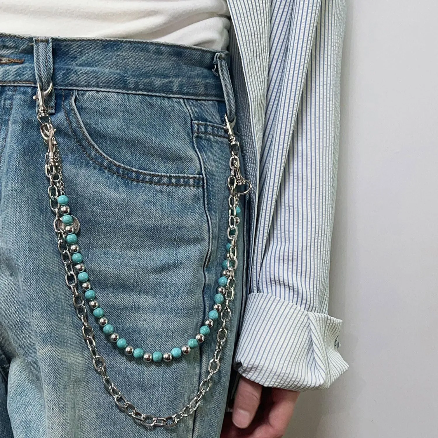 Punk Layered Pants Chain for Men Layered Silver Coin Beaded Wallet Chain Goth Hip Hop Jean Pocket Chains Punk Wallet Pocket Accessories for Women and Men