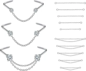 PunkTracker Nose Rings 20G - 2mm, 2.5mm, 3mm CZ Studs with Chain - Surgical Steel Nose Piercing Jewelry
