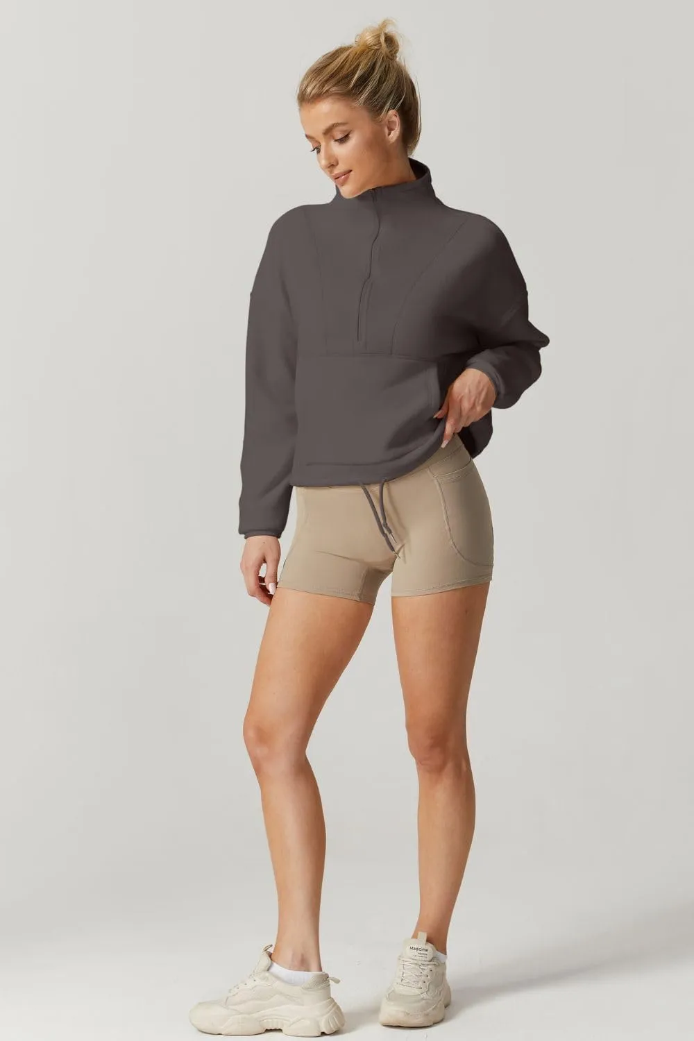 QINSEN Women Half Zip Fleece Sweatshirt Mock Neck Long Sleeve Winter Cozy Sherpa Pullover Sweater Tops