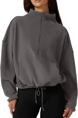 QINSEN Women Half Zip Fleece Sweatshirt Mock Neck Long Sleeve Winter Cozy Sherpa Pullover Sweater Tops
