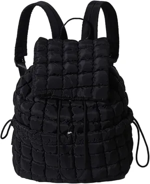 Quilted Puffer Backpack for Women - Trendy Drawstring Puffy Backpack (Black)